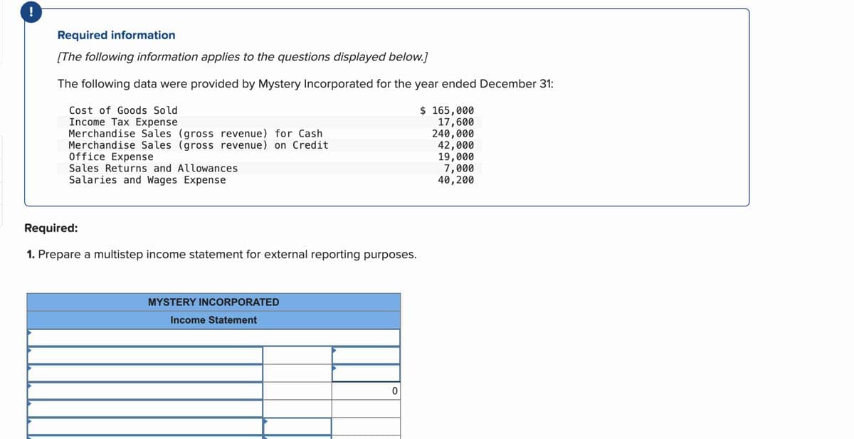 !
Required information
[The following information applies to the questions displayed below.]
The following data were provided by Mystery Incorporated for the year ended December 31:
Cost of Goods Sold
Income Tax Expense
Merchandise Sales (gross revenue) for Cash
Merchandise Sales (gross revenue) on Credit
Office Expense
Sales Returns and Allowances
Salaries and Wages Expense
Required:
1. Prepare a multistep income statement for external reporting purposes.
MYSTERY INCORPORATED
Income Statement
0
$ 165,000
17,600
240,000
42,000
19,000
7,000
40,200