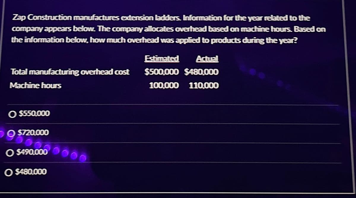 Zap Construction manufactures extension ladders. Information for the year related to the
company appears below. The company allocates overhead based on machine hours. Based on
the information below, how much overhead was applied to products during the year?
Total manufacturing overhead cost
Machine hours
O $550,000
$720.000
O $490,000
O $480,000
Estimated
Actual
$500,000 $480,000
100,000 110,000