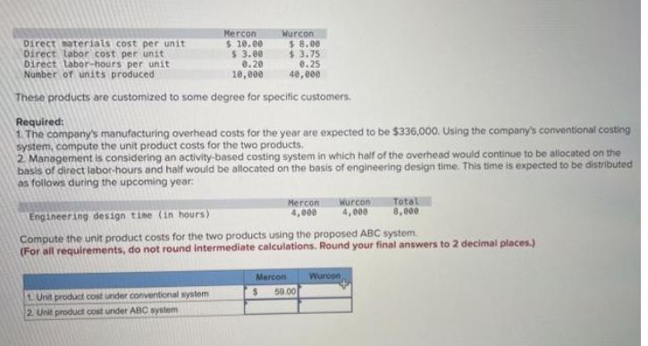 Mercon
$ 10.00
$ 3.00
0.20
10,000
Wurcon
Direct materials cost per unit
Direct labor cost per unit
Direct labor-hours per unit
Number of units produced
These products are customized to some degree for specific customers.
1. Unit product cost under conventional system
2. Unit product cost under ABC system
$8.00
$ 3.75
0.25
40,000
Required:
1. The company's manufacturing overhead costs for the year are expected to be $336,000. Using the company's conventional costing
system, compute the unit product costs for the two products.
2. Management is considering an activity-based costing system in which half of the overhead would continue to be allocated on the
basis of direct labor-hours and half would be allocated on the basis of engineering design time. This time is expected to be distributed
as follows during the upcoming year:
Mercon
4,000
Wurcon
4,000
Engineering design time (in hours)
Compute the unit product costs for the two products using the proposed ABC system.
(For all requirements, do not round Intermediate calculations. Round your final answers to 2 decimal places.)
Mercon
S 59.00
Total
8,000
Wurcon