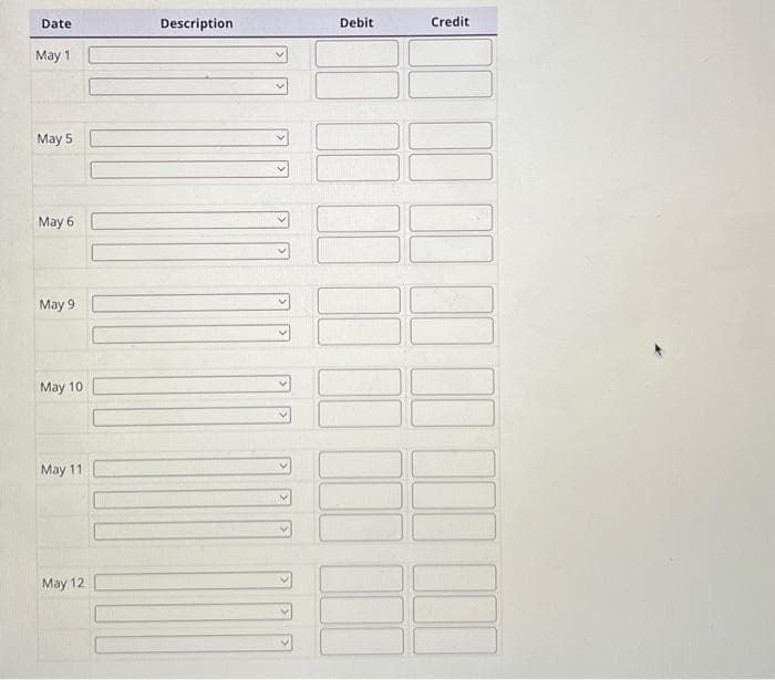 Date
May 1
May 5
May 6
May 9
May 10
May 11
May 12
Description
Debit
Credit