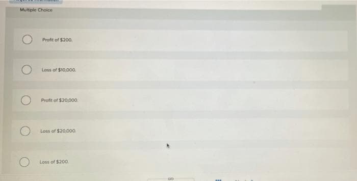 Multiple Choice
Profit of $200
Loss of $10,000.
Profit of $20,000.
Loss of $20,00o.
Loss of $200.
