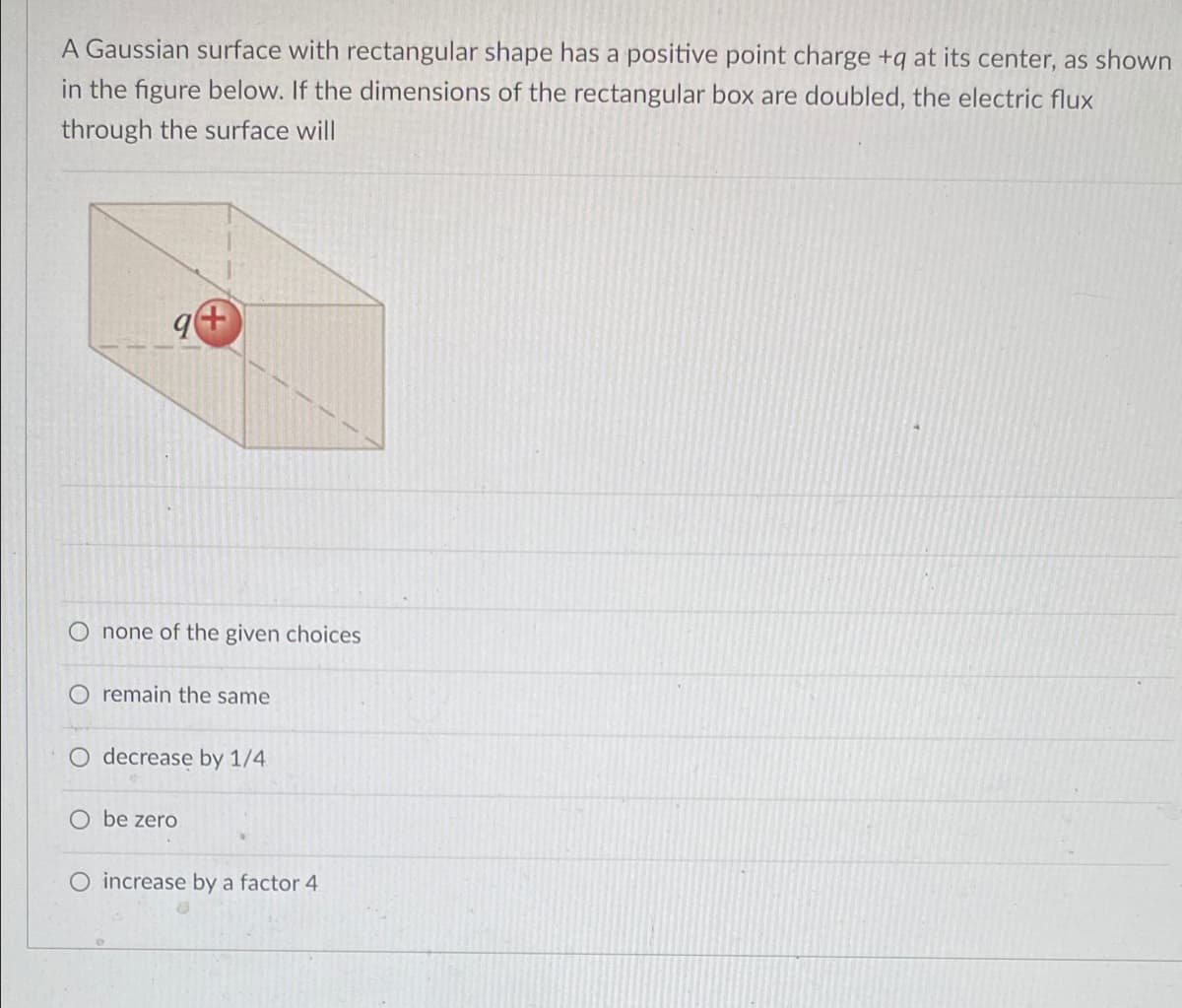 A Gaussian surface with rectangular shape has a positive point charge +q at its center, as shown
in the figure below. If the dimensions of the rectangular box are doubled, the electric flux
through the surface will
O none of the given choices
O remain the same
O decrease by 1/4
O be zero
O increase by a factor 4

