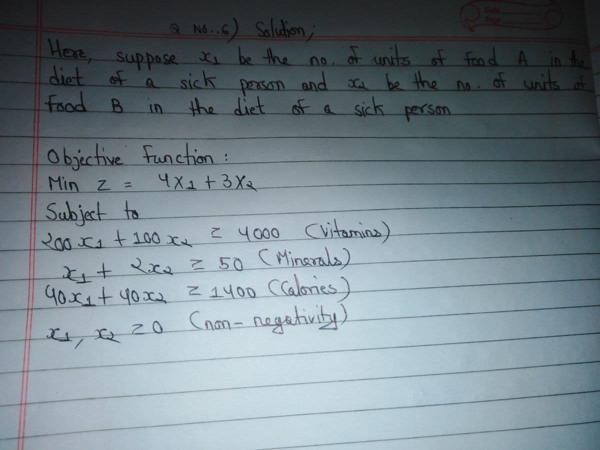 Q No..6) Salution,
Here, suppose x₁ be the no. of units of Food A in the
of units of
of a
Do
dict of sick person and
person and ow be the
Food B in the diet of a sick person
Objective function:
Min z =
Z
Subject to
200 x₁ + 100x₂
x₁ + 2x₂ = 50 (Minerals)
40x₁+ 40x₂ = 1400 (Calories)
4X₁ + 3X₂
له
= 4000 (vitamins)
₁ ₂ 20 (non- negativity)
x