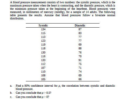 A blood pressure measurement consists of two numbers: the systolic pressure, which is the
maximum pressure taken when the heart is contracting, and the diastolic pressure, which is
the minimum pressure taken at the beginning of the heartbeat. Blood pressures were
measured, in millimeters of mercury (mmHg), for a sample of 14 adults. The following
table presents the results. Assume that blood pressures follow a bivariate nomal
distrībution.
Systolic
Diastolic
134
87
115
83
113
77
123
77
119
69
118
88
130
76
70
91
116
133
112
75
107
71
110
74
108
69
105
66
Find a 95% confidence interval for p, the correlation between systolic and diastolic
blood pressure.
b. Can you conclude that p> 0.5?
C.
Can you conclude that p> 0?
