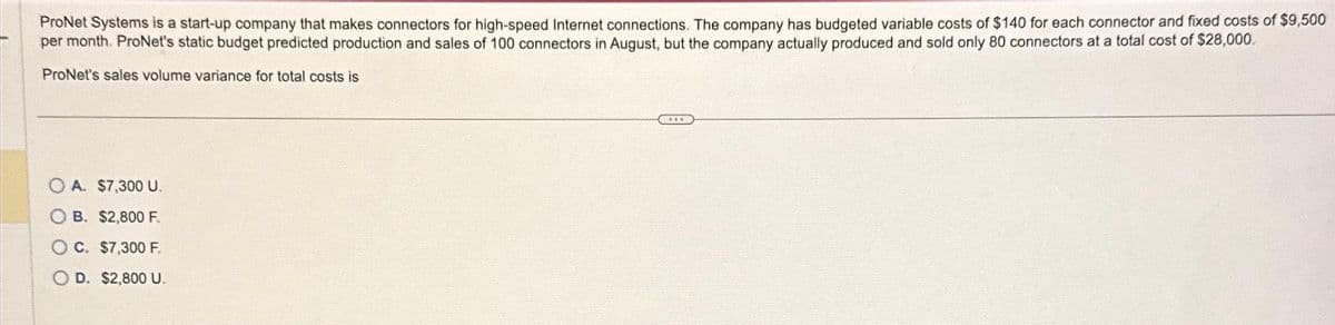 ProNet Systems is a start-up company that makes connectors for high-speed Internet connections. The company has budgeted variable costs of $140 for each connector and fixed costs of $9,500
per month. ProNet's static budget predicted production and sales of 100 connectors in August, but the company actually produced and sold only 80 connectors at a total cost of $28,000
ProNet's sales volume variance for total costs is
OA. $7,300 U.
OB. $2,800 F.
OC. $7,300 F.
OD. $2,800 U.