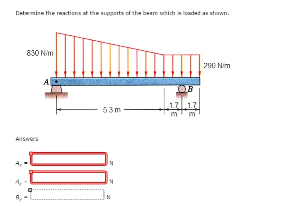 Determine the reactions at the supports of the beam which is loaded as shown.
Answers
Ax
Ay
830 N/m
By
=
A
5.3 m
N
N
N
OB
1.7 1.7
m
m
290 N/m