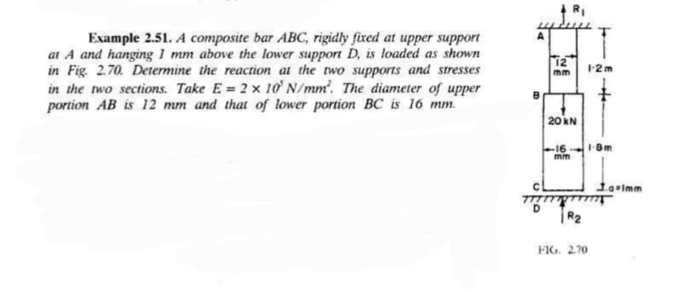 Example 2.51. A composite bar ABC, rigidly fixed at upper support
at A and hanging 1 mm above the lower support D, is loaded as shown
in Fig. 2.70. Determine the reaction at the two supports and stresses
in the two sections. Take E = 2 x 10' N/mm². The diameter of upper
portion AB is 12 mm and that of lower portion BC is 16 mm.
A
4 R₁
12
mm
20 kN
16
mm
TTTTT
D
R₂
1-2m
1-8m
FIG. 2.70
1.a Imm