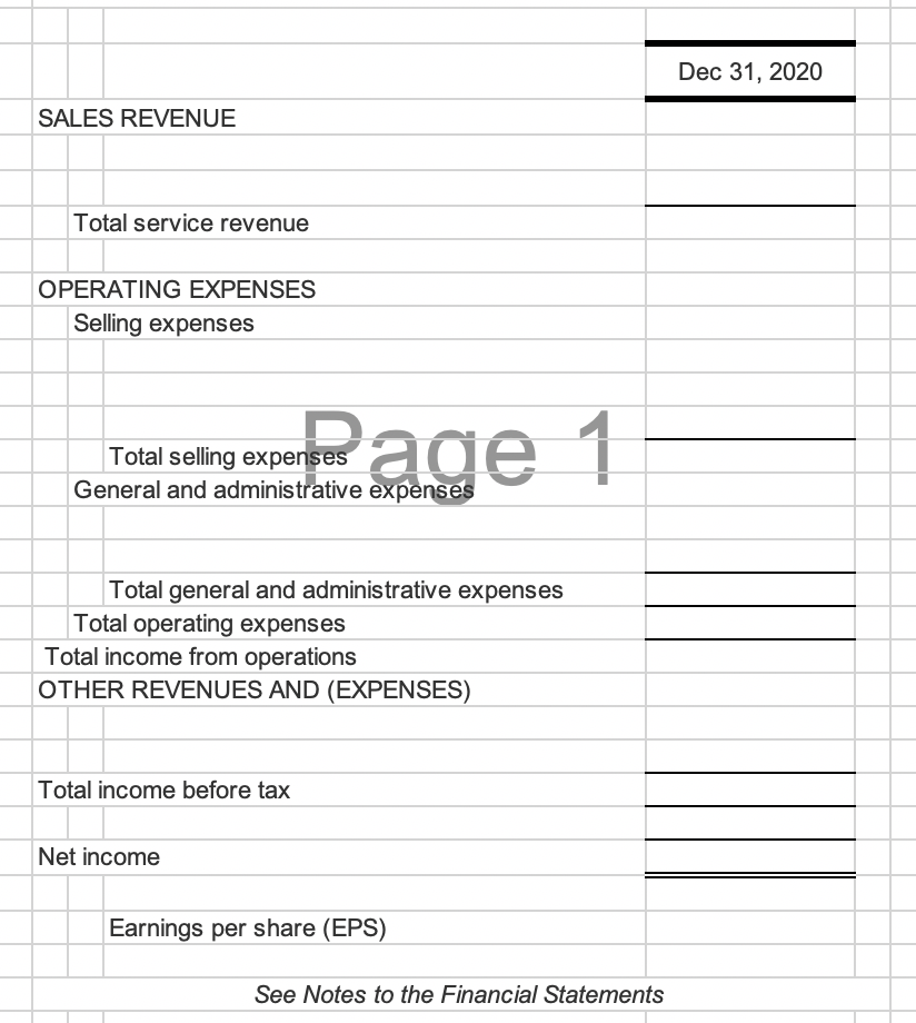 Dec 31, 2020
SALES REVENUE
Total service revenue
OPERATING EXPENSES
Selling expenses
Total selling expenses
General and administrative expenses
Page 1
Total general and administrative expenses
Total operating expenses
Total income from operations
OTHER REVENUES AND (EXPENSES)
Total income before tax
Net income
Earnings per share (EPS)
See Notes to the Financial Statements
