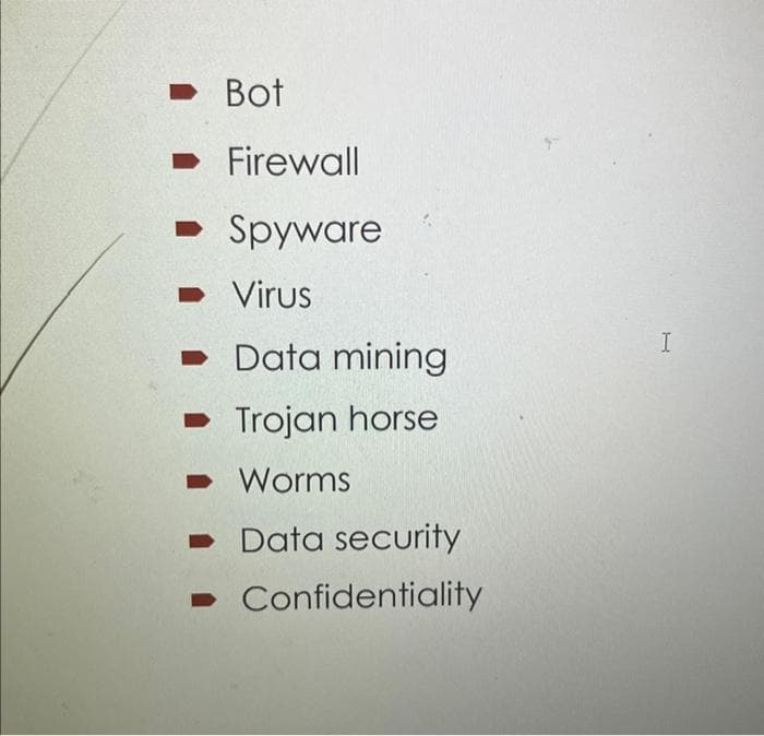 - Bot
➡ Firewall
➡ Spyware
- Virus
Data
mining
➡ Trojan horse
➡ Worms
- Data security
Confidentiality
I