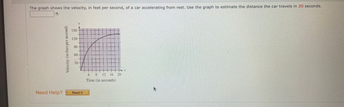 **Transcription for Educational Website**

---

The graph shows the velocity, in feet per second, of a car accelerating from rest. Use the graph to estimate the distance the car travels in 20 seconds.

[Graph Image Description]

- **X-axis (Horizontal):** Time in seconds (ranging from 0 to 20 seconds).
- **Y-axis (Vertical):** Velocity in feet per second (ranging from 0 to 150 feet per second).
- The graph depicts a curve starting from the origin, gradually steepening, and leveling off at a velocity just above 120 feet per second around the 20-second mark.

[Task]

Estimate the distance the car travels in 20 seconds using the graph.

[Additional Resources]

Need Help? [Read It]

---

**End of Transcription**