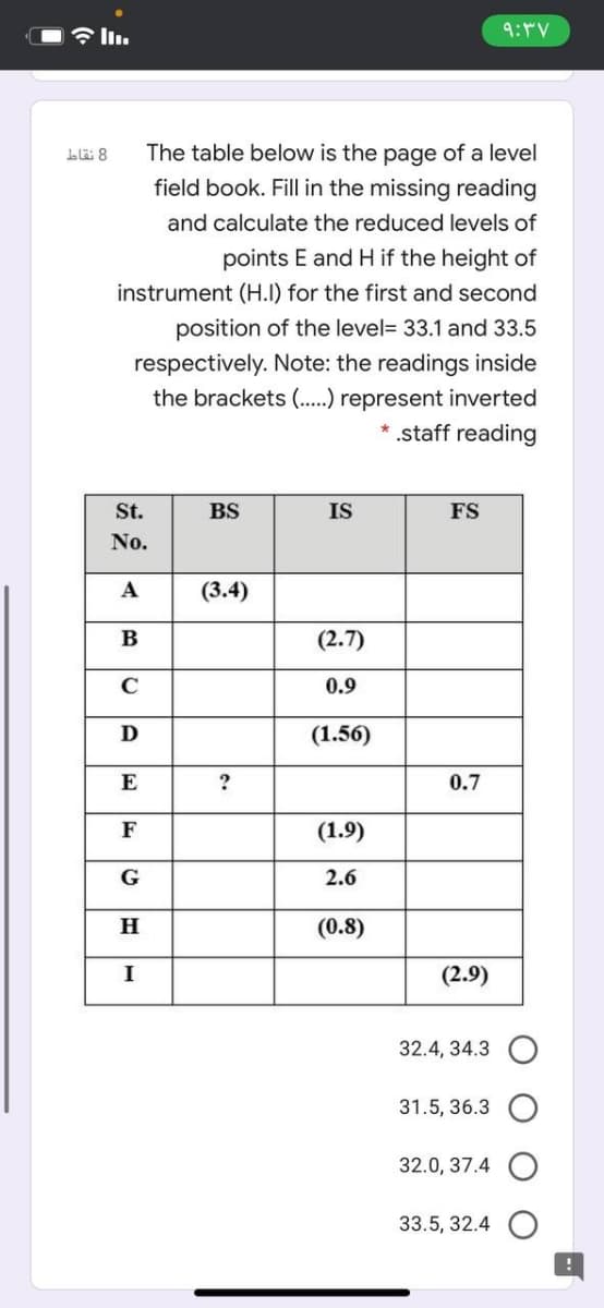 令l1.
9:4V
Ll 8
The table below is the page of a level
field book. Fill in the missing reading
and calculate the reduced levels of
points E and H if the height of
instrument (H.I) for the first and second
position of the level= 33.1 and 33.5
respectively. Note: the readings inside
the brackets (...) represent inverted
* .staff reading
St.
BS
IS
FS
No.
A
(3.4)
В
(2.7)
C
0.9
D
(1.56)
E
0.7
F
(1.9)
G
2.6
(0.8)
I
(2.9)
32.4, 34.3
31.5, 36.3
32.0, 37.4 O
33.5, 32.4
