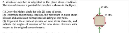 A structural member is subjected to the plane stress condition.
The state of stress at a point of the member is shown in the figure.
45 MP
(1) Draw the Mohr's circle for this 2D state of stress.
(2) Determine the principal stresses, the maximum in-plane shear
stresses and associated normal stresses acting at this point,
(3) Represent these critical stresses on new stress elements, and
indicate the angles of rotation of the new stress elements with
respect to the original stress elements.
25 MP
