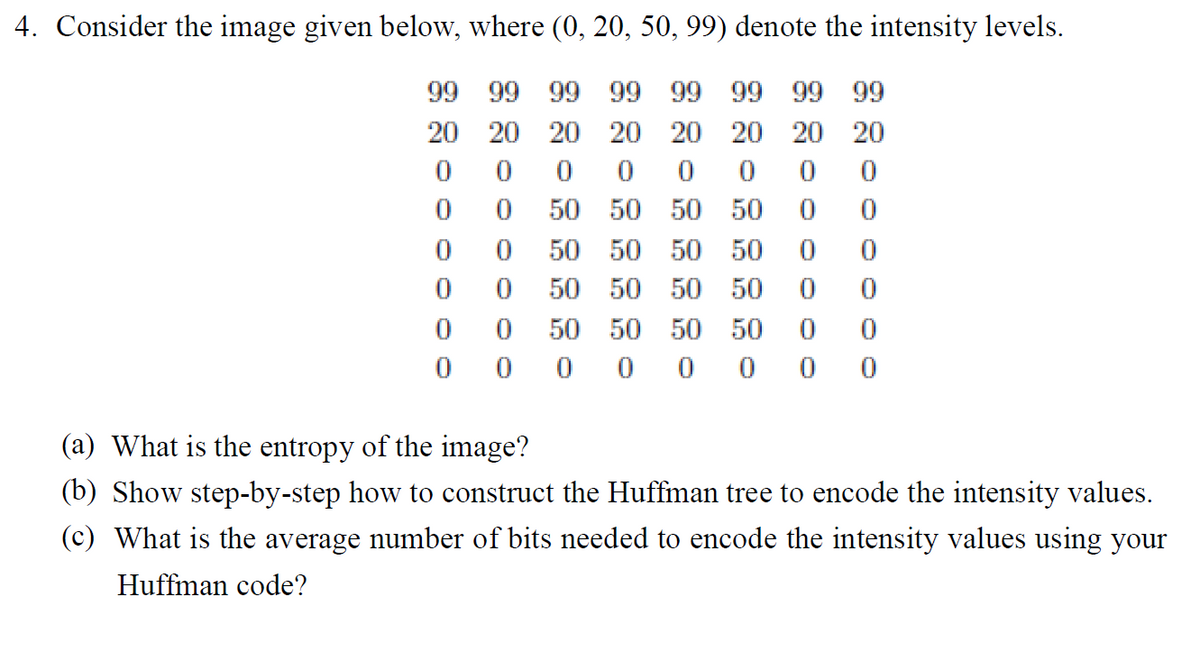4. Consider the image given below, where (0, 20, 50, 99) denote the intensity levels.
99 99 99 99 99 99 99 99
20 20 20 20 20 20 20 20
50 50 50 50
50 50 50 50
50 50 50 50
50 50 50 50
0 0 0 0
(a) What is the entropy of the image?
(b) Show step-by-step how to construct the Huffman tree to encode the intensity values.
(c) What is the average number of bits needed to encode the intensity values using your
Huffman code?
88000ㅇ00
