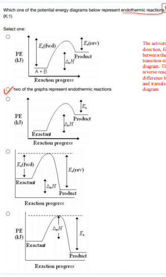 Which one of the potential energy diagrams below represent endothermic reactiore
(K:1)
Select one:
Erev)
The activati
E(fwd),
direction, E
between the
PE
(kJ)
Product
transition st
diagram. TH
A+B
Reaction progress
reverse reac
difference b
and transitic
two of the graphs represent endothermic reactions
diagram
PE
(kJ)
Product
Reactant
Reaction progress
Efwd)
E(rev)
Reactaut
Product
Reaction progress
PE
E.
(kJ)
Reactant
Product
Reaction progress
