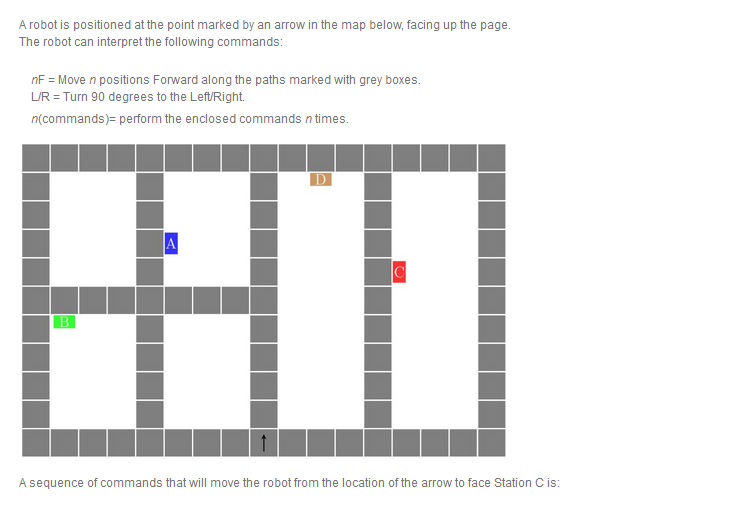 A robot is positioned at the point marked by an arrow in the map below, facing up the page.
The robot can interpret the following commands:
nF = Move n positions Forward along the paths marked with grey boxes.
LUR = Turn 90 degrees to the Left/Right.
n(commands)= perform the enclosed commands n times.
D
A
B
A sequence of commands that will move the robot from the location of the arrow to face Station Cis:
