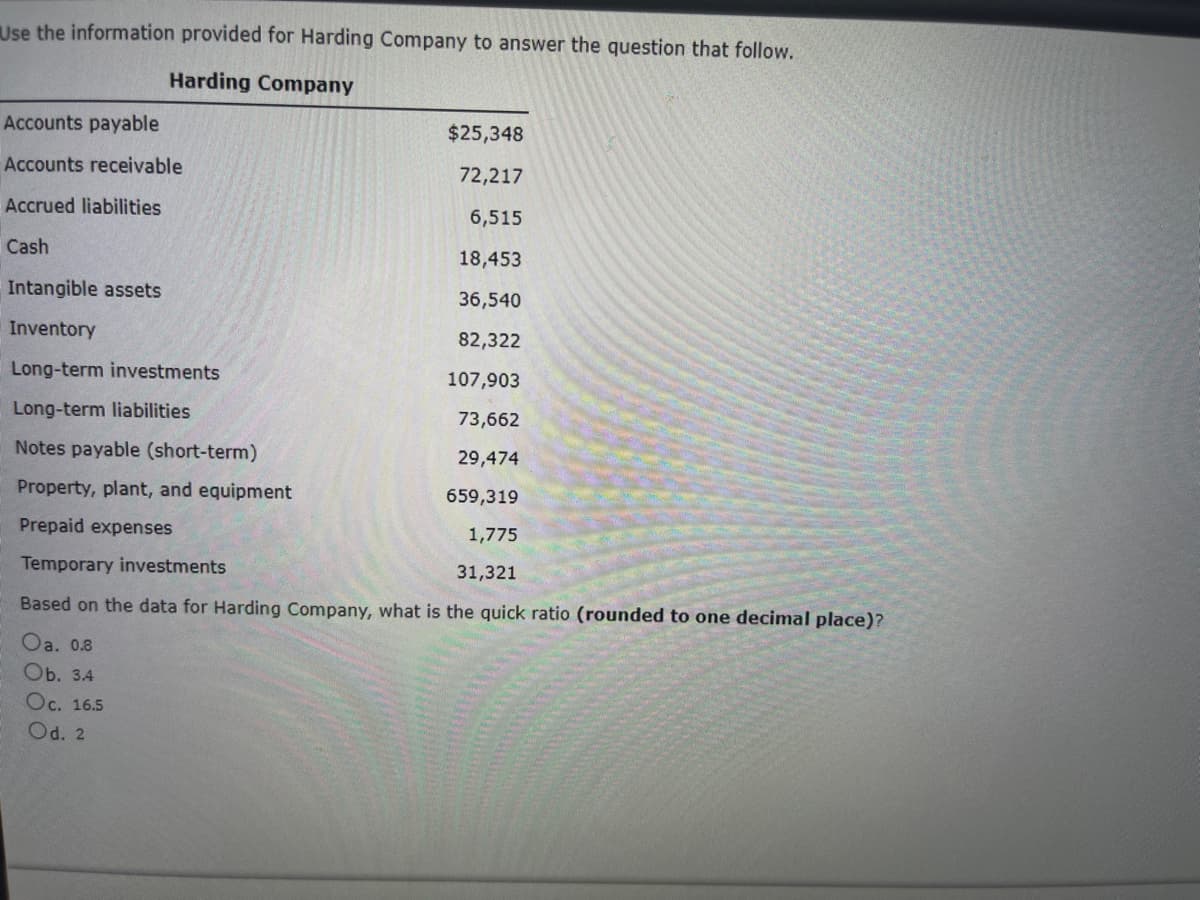 Use the information provided for Harding Company to answer the question that follow.
Harding Company
Accounts payable
Accounts receivable
Accrued liabilities
Cash
$25,348
72,217
6,515
18,453
36,540
82,322
107,903
73,662
29,474
659,319
1,775
31,321
Intangible assets
Inventory
Long-term investments
Long-term liabilities
Notes payable (short-term)
Property, plant, and equipment
Prepaid expenses
Temporary investments
Based on the data for Harding Company, what is the quick ratio (rounded to one decimal place)?
Oa. 0.8
Ob. 3.4
Oc. 16.5
Od. 2