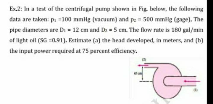 Ex.2: In a test of the centrifugal pump shown in Fig. below, the following
data are taken: pi 100 mmHg (vacuum) and pz = 500 mmHg (gage). The
pipe diameters are Di 12 cm and D2 5 cm. The flow rate is 180 gal/min
of light oil (SG =0.91). Estimate (a) the head developed, in meters, and (b)
the input power required at 75 percent efficiency.
