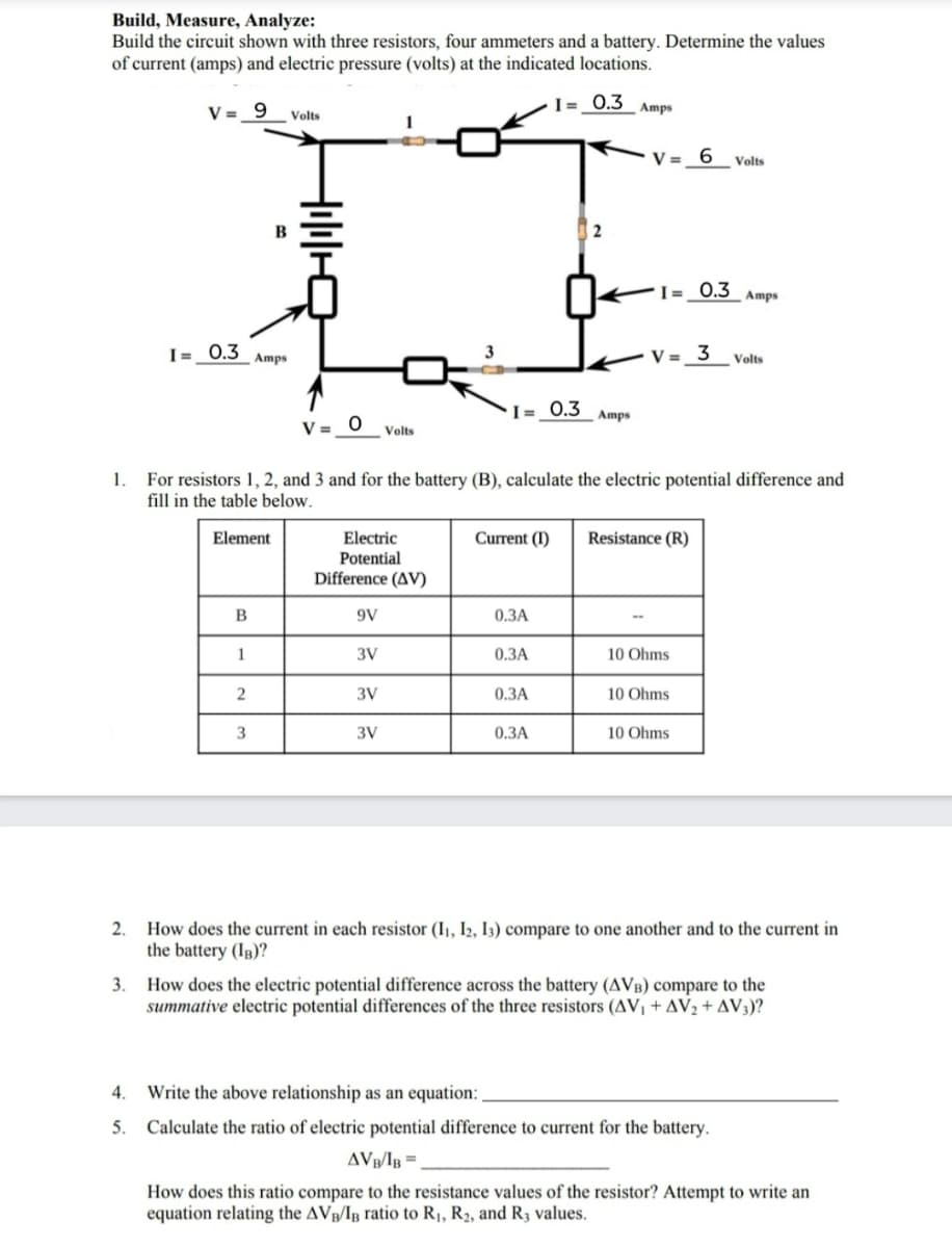 Build, Measure, Analyze:
Build the circuit shown with three resistors, four ammeters and a battery. Determine the values
of current (amps) and electric pressure (volts) at the indicated locations.
V = 9
I = 0.3
Amps
Volts
V =
6.
Volts
2
I= 0.3 Amps
I- 0.3 Amps
V = 3
Volts
I= _0.3
Amps
V = 0
Volts
1.
For resistors 1, 2, and 3 and for the battery (B), calculate the electric potential difference and
fill in the table below.
Electric
Potential
Element
Current (I)
Resistance (R)
Difference (AV)
9V
0.3A
3V
0.3A
10 Ohms
3V
0.3A
10 Ohms
3V
0.ЗА
10 Ohms
2.
How does the current in each resistor (I1, I2, I3) compare to one another and to the current in
the battery (Ig)?
How does the electric potential difference across the battery (AVB) compare to the
summative electric potential differences of the three resistors (AV, +AV2 + AV3)?
3.
4.
Write the above relationship as an equation:
5.
Calculate the ratio of electric potential difference to current for the battery.
AVg/Ig =
How does this ratio compare to the resistance values of the resistor? Attempt to write an
equation relating the AVp/Ig ratio to R¡, R2, and R3 values.
