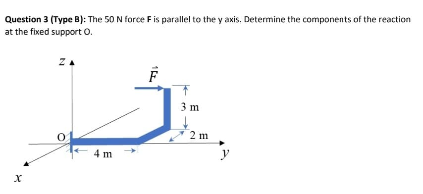 Question 3 (Type B): The 50 N force F is parallel to the y axis. Determine the components of the reaction
at the fixed support O.
X
ZA
0
4 m
F
3 m
2 m
y