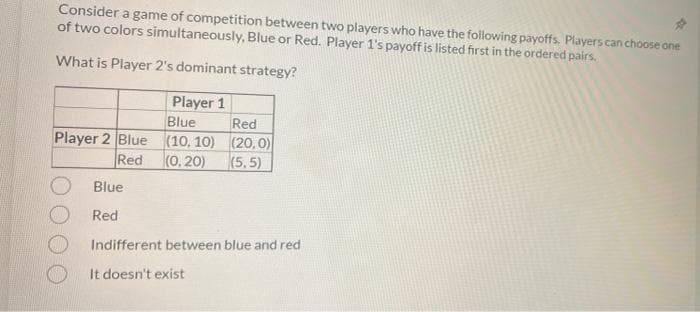 Consider a game of competition between two players who have the following payoffs. Players can choose one
of two colors simultaneously, Blue or Red. Player 1's payoff is listed first in the ordered pairs.
What is Player 2's dominant strategy?
Player 1
Blue
(10, 10)
Red (0, 20)
Player 2 Blue
Blue
Red
Red
(20,0)
(5,5)
Indifferent between blue and red
It doesn't exist