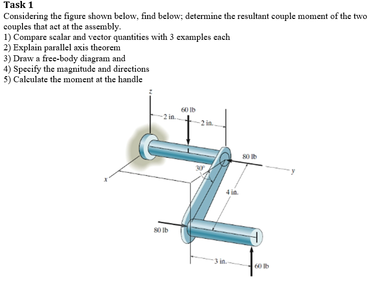 Task 1
Considering the figure shown below, find below; determine the resultant couple moment of the two
couples that act at the assembly.
1) Compare scalar and vector quantities with 3 examples each
2) Explain parallel axis theorem
3) Draw a free-body diagram and
4) Specify the magnitude and directions
5) Calculate the moment at the handle
-2 in...
80 lb
60 lb
-2 in..
4 in.
3 in.
80 lb
60 lb