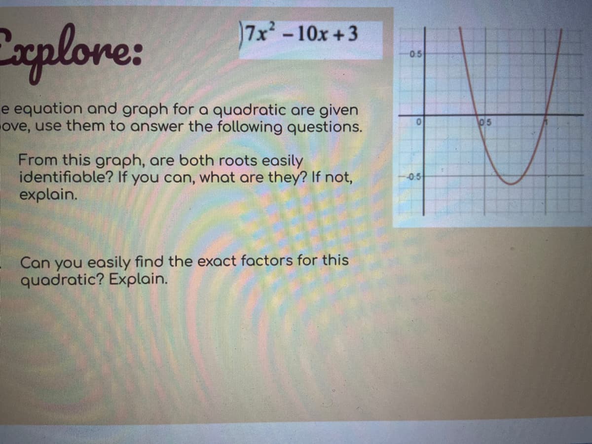 cxplore:
7x -10x+3
0.5
e equation and graph for a quadratic are given
ove, use them to answer the following questions.
05
From this graph, are both roots easily
identifiable? If you can, what are they? If not,
explain.
0.5
Can you easily find the exact factors for this
quadratic? Explain.
