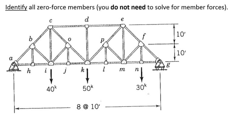 Identify all zero-force members (you do not need to solve for member forces).
d
e
10'
10'
a
h
j
k
m
40k
50k
30k
8 @ 10'
