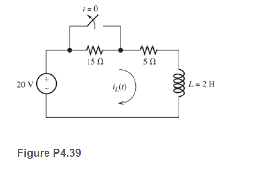 t = 0
15 Ω
20 V
L = 2 H
i¿1)
Figure P4.39
