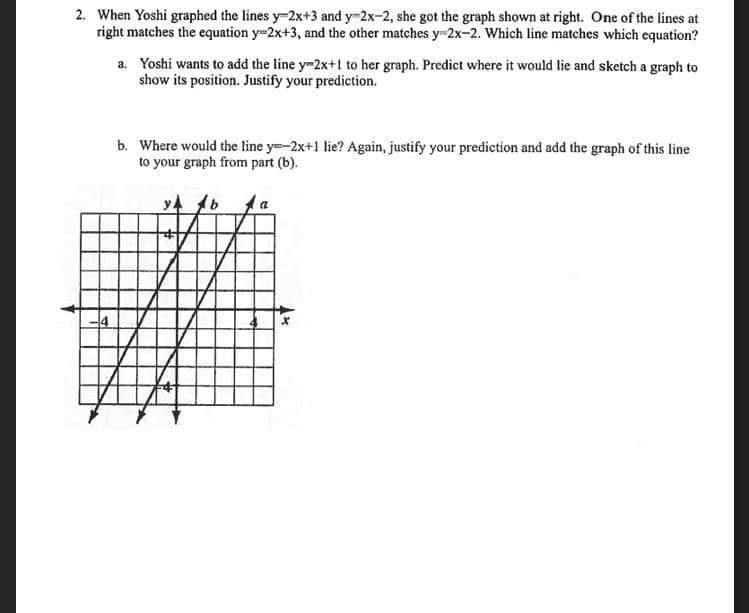 2. When Yoshi graphed the lines y-2x+3 and y-2x-2, she got the graph shown at right. One of the lines at
right matches the equation y=2x+3, and the other matches y=2x-2. Which line matches which equation?
a. Yoshi wants to add the line y-2x+1 to her graph. Predict where it would lie and sketch a graph to
show its position. Justify your prediction.
b. Where would the line y=-2x+1 lie? Again, justify your prediction and add the graph of this line
to your graph from part (b).
y 16 Aa
