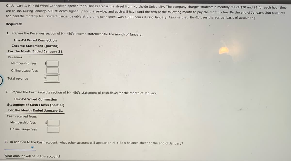 On January 1, Hi-r-Ed Wired Connection opened for business across the street from Northside University. The company charges students a monthly fee of $20 and $1 for each hour they
are online. During January, 500 students signed up for the service, and each will have until the fifth of the following month to pay the monthly fee. By the end of January, 200 students
had paid the monthly fee. Student usage, payable at the time connected, was 4,500 hours during January. Assume that Hi-r-Ed uses the accrual basis of accounting.
Required:
1. Prepare the Revenues section of Hi-r-Ed's income statement for the month of January.
Hi-r-Ed Wired Connection
Income Statement (partial)
For the Month Ended January 31
Revenues:
Membership fees
Online usage fees
Total revenue
2. Prepare the Cash Receipts section of Hi-r-Ed's statement of cash flows for the month of January.
Hi-r-Ed Wired Connection
Statement of Cash Flows (partial)
For the Month Ended January 31
Cash received from:
Membership fees
Online usage fees
3. In addition to the Cash account, what other account will appear on Hi-r-Ed's balance sheet at the end of January?
What amount will be in this account?
