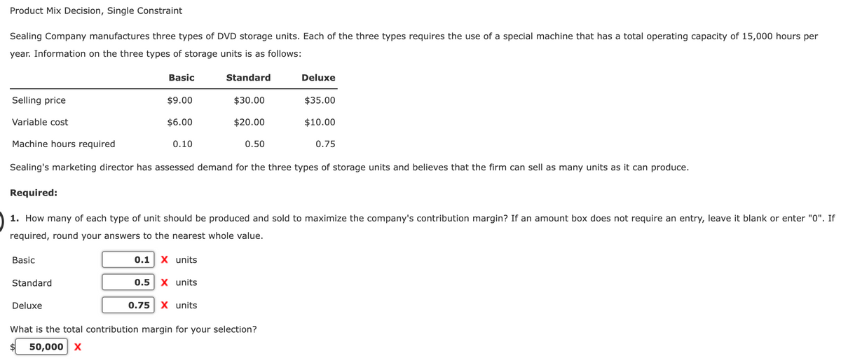 Product Mix Decision, Single Constraint
Sealing Company manufactures three types of DVD storage units. Each of the three types requires the use of a special machine that has a total operating capacity of 15,000 hours per
year. Information on the three types of storage units is as follows:
Basic
Standard
Deluxe
Selling price
$9.00
$30.00
$35.00
Variable cost
$6.00
$20.00
$10.00
Machine hours required
0.10
0.50
0.75
Sealing's marketing director has assessed demand for the three types of storage units and believes that the firm can sell as many units as it can produce.
Required:
1. How many of each type of unit should be produced and sold to maximize the company's contribution margin? If an amount box does not require an entry, leave it blank or enter "0". If
required, round your answers to the nearest whole value.
Basic
0.1 X units
Standard
0.5 x units
Deluxe
0.75 X units
What is the total contribution margin for your selection?
50,000 x
