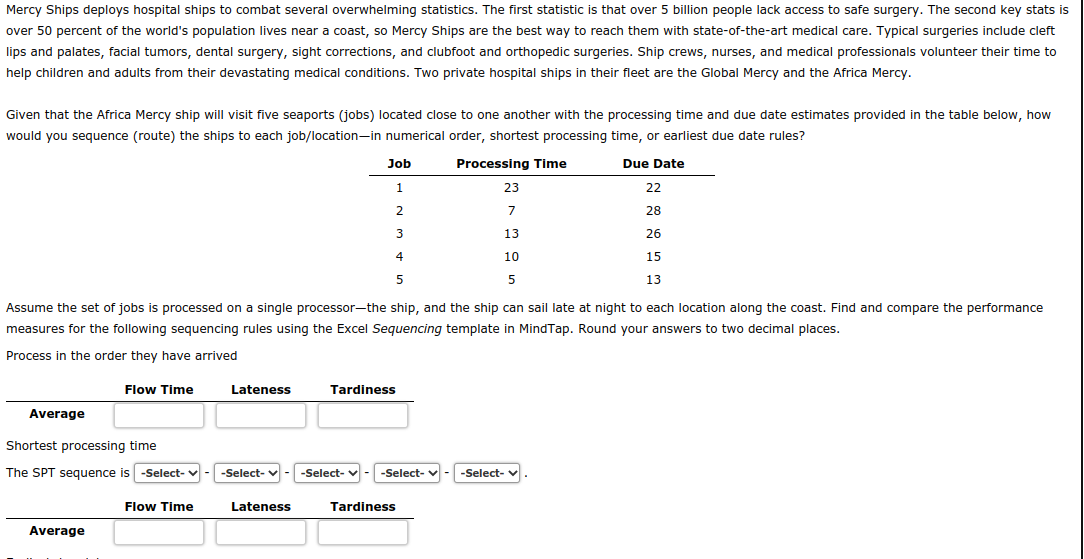 Mercy Ships deploys hospital ships to combat several overwhelming statistics. The first statistic is that over 5 billion people lack access to safe surgery. The second key stats is
over 50 percent of the world's population lives near a coast, so Mercy Ships are the best way to reach them with state-of-the-art medical care. Typical surgeries include cleft
lips and palates, facial tumors, dental surgery, sight corrections, and clubfoot and orthopedic surgeries. Ship crews, nurses, and medical professionals volunteer their time to
help children and adults from their devastating medical conditions. Two private hospital ships in their fleet are the Global Mercy and the Africa Mercy.
Given that the Africa Mercy ship will visit five seaports (jobs) located close to one another with the processing time and due date estimates provided in the table below, how
would you sequence (route) the ships to each job/location-in numerical order, shortest processing time, or earliest due date rules?
Average
Flow Time
Shortest processing time
The SPT sequence is -Select- ✓
Average
Flow Time
Lateness
Processing Time
23
7
ITT
13
10
5
Job
Lateness
2
1
5
Assume the set of jobs is processed on a single processor-the ship, and the ship can sail late at night to each location along the coast. Find and compare the performance
measures for the following sequencing rules using the Excel Sequencing template in MindTap. Round your answers to two decimal places.
Process in the order they have arrived
Tardiness
3
Tardiness
4
-Select- ✓ -Select- ✓ -Select--
Due Date
-Select- ✓
22
28
26
15
13