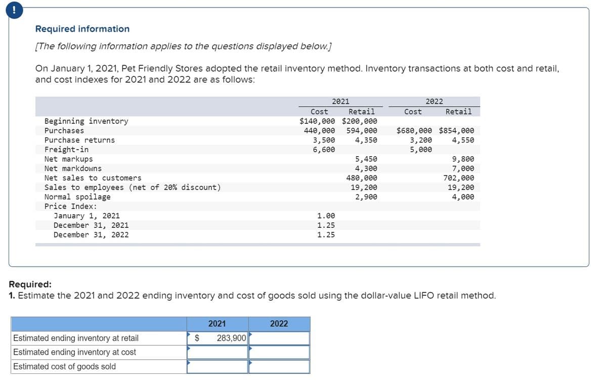 Required information
[The following information applies to the questions displayed below.]
On January 1, 2021, Pet Friendly Stores adopted the retail inventory method. Inventory transactions at both cost and retail,
and cost indexes for 2021 and 2022 are as follows:
Beginning inventory
Purchases
Purchase returns
Freight-in
Net markups
Net markdowns
Net sales to customers
Sales to employees (net of 20% discount)
Normal spoilage
Price Index:
January 1, 2021
December 31, 2021
December 31, 2022
Estimated ending inventory at retail
Estimated ending inventory at cost
Estimated cost of goods sold
$
2021
283,900
2021
2022
Cost Retail
$140,000 $200,000
440,000 594,000
3,500 4,350
6,600
1.00
1.25
1.25
5,450
4,300
480,000
19, 200
2,900
Cost
Required:
1. Estimate the 2021 and 2022 ending inventory and cost of goods sold using the dollar-value LIFO retail method.
2022
Retail
$680,000 $854,000
3,200
4,550
5,000
9,800
7,000
702,000
19, 200
4,000