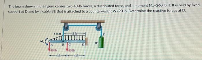 The beam shown in the figure carries two 40-lb forces, a distributed force, and a moment M-260 lb-ft. It is held by fixed
support at D and by a cable BE that is attached to a counterweight W-90 lb. Determine the reactive forces at D.
8 lb/ft
40 lb
ft
B
с
40 lb
ft
D
W