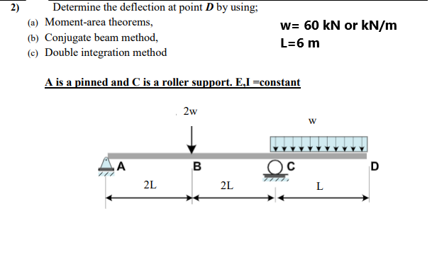 2)
Determine the deflection at point D by using;
(a) Moment-area theorems,
(b) Conjugate beam method,
(c) Double integration method
A is a pinned and C is a roller support. E,I=constant
A
2L
2w
B
w= 60 kN or kN/m
L=6 m
2L
Oc
W
L