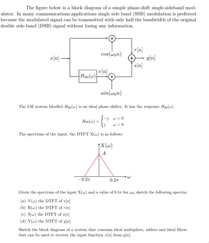 The figure below is a block diagram of a simple phase-shift single-sideband mod-
ulator. In many communications applications single side band (SSB) modulation is preferred
because the modulated signal can be transmitted with only half the bandwidth of the original
double side-band (DSB) signal without losing any information.
x[n].
H90 (w)
cos(won)
]v[n]
H90 (w):
-0.2TT
X
sin(won)
-j w<0
w>0
The LSI system labelled H90 (w) is an ideal phase shifter. It has the response H90 (w)
&
The spectrum of the input, the DTFT X(w) is as follows
↑X (w)
A
r[n]
0.2T
+
s[n]
y[n]
Given the spectrum of the input X(w) and a value of 0.5% for wo, sketch the following spectra:
(a) V(w) the DTFT of v[n]
(b) R(w) the DTFT of r[n]
(c) S(w) the DTFT of s[n]
(d) Y(w) the DTFT of y[n]
Sketch the block diagram of a system that contains ideal multipliers, adders and ideal filters
that can be used to recover the input function a[n] from y[n].