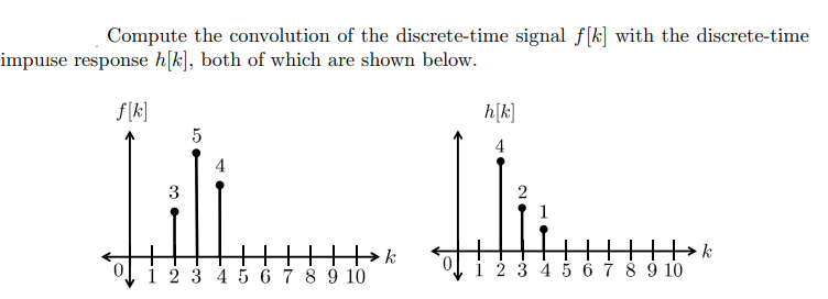 Compute the convolution of the discrete-time signal f[k] with the discrete-time
impuise response h[k], both of which are shown below.
f[k]
3
#
5
4
||||> k
1 2 3 4 5 6 7 8 9 10
h[k]
4
#
2
1
2 3 4 5 6 7 8 9 10
k