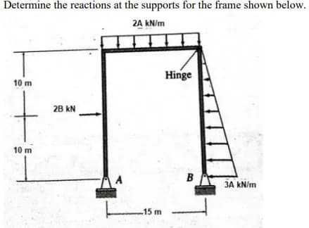 Determine the reactions at the supports for the frame shown below.
2A kN/m
10 m
+
10 m
2B KN
A
-15 m
Hinge
B
3A kN/m