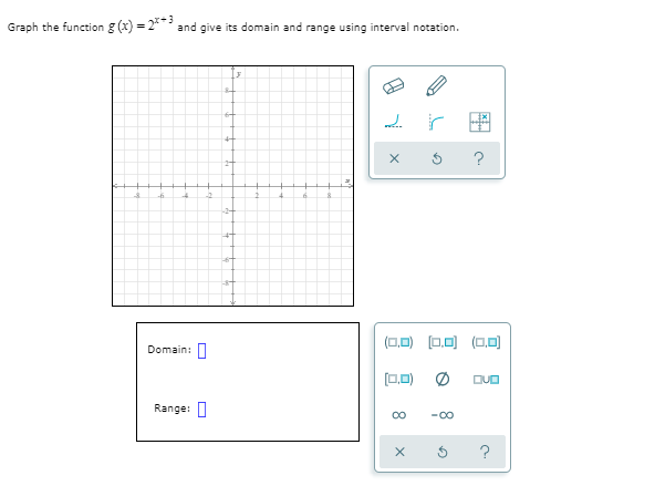 Graph the function g (x) = 2**3
and give its domain and range using interval notation.
4-
?
(.미 [0.미 (0미
Domain: |
(0.0) Ø
DUO
Range:
-00
8
