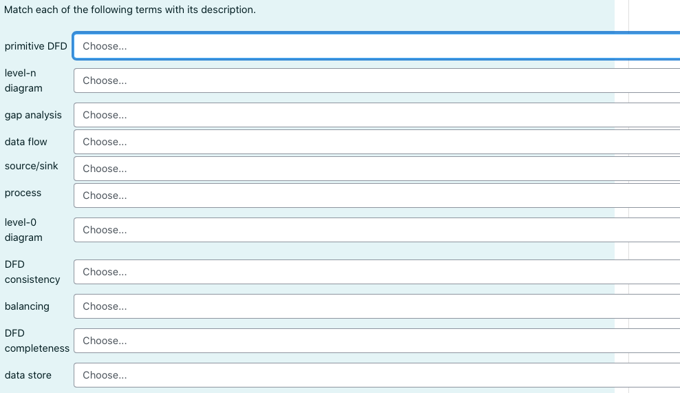 Match each of the following terms with its description.
primitive DFD
Choose...
level-n
Choose...
diagram
gap analysis
Choose...
data flow
Choose...
source/sink
Choose...
process
Choose...
level-0
Choose...
diagram
DFD
Choose...
consistency
balancing
Choose...
DFD
Choose...
completeness
data store
Choose...
