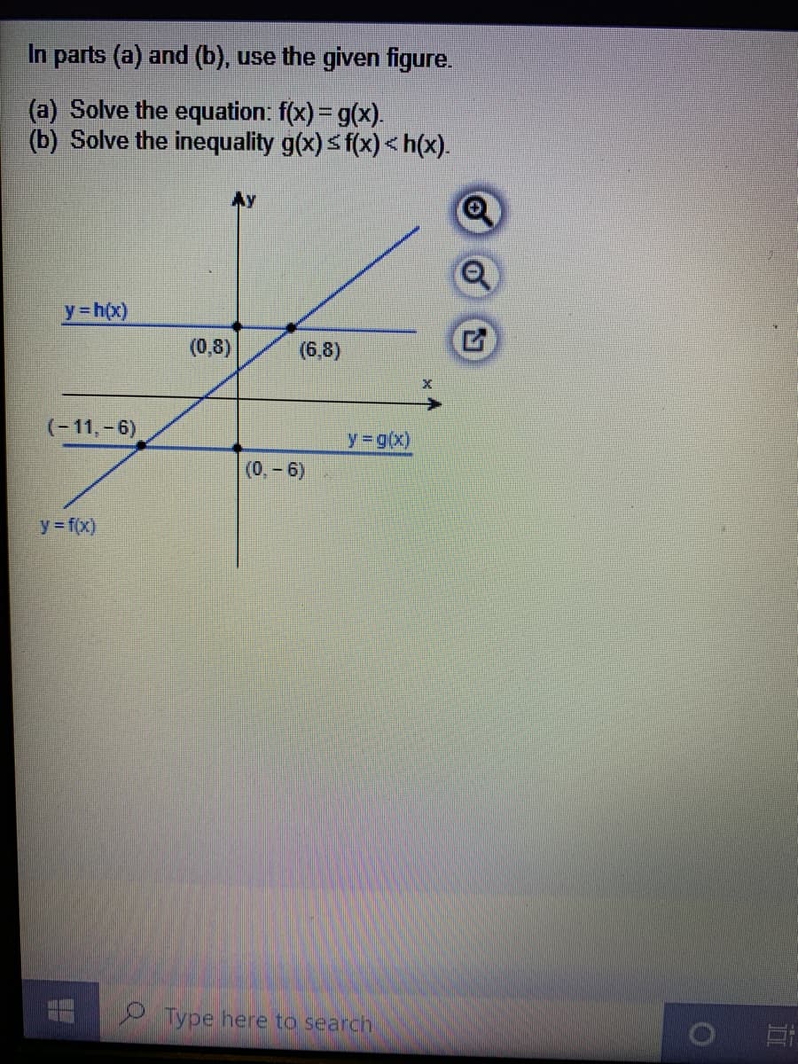 In parts (a) and (b), use the given figure.
(a) Solve the equation: f(x) = g(x).
(b) Solve the inequality g(x)< f(x) < h(x).
Ay
y=h(x)
(0,8)
(6,8)
(-11, - 6)
y-g(x)
(0,-6)
y f(x)
P Type here to search
