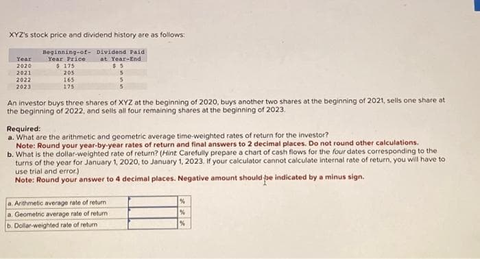 XYZ's stock price and dividend history are as follows:
Beginning-of- Dividend Paid
at Year-End
Year
2020
2021
2022
2023
Year Price
$ 175
205
165
175
$5
5
5
An investor buys three shares of XYZ at the beginning of 2020, buys another two shares at the beginning of 2021, sells one share at
the beginning of 2022, and sells all four remaining shares at the beginning of 2023.
a. Arithmetic average rate of return.
a. Geometric average rate of return
b. Dollar-weighted rate of return i
Required:
a. What are the arithmetic and geometric average time-weighted rates of return for the investor?
Note: Round your year-by-year rates of return and final answers to 2 decimal places. Do not round other calculations.
b. What is the dollar-weighted rate of return? (Hint Carefully prepare a chart of cash flows for the four dates corresponding to the
turns of the year for January 1, 2020, to January 1, 2023. If your calculator cannot calculate internal rate of return, you will have to
use trial and error.)
Note: Round your answer to 4 decimal places. Negative amount should be indicated by a minus sign.
%
%
%