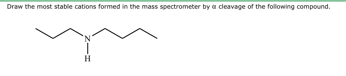 Draw the most stable cations formed in the mass spectrometer by a cleavage of the following compound.
'N
H