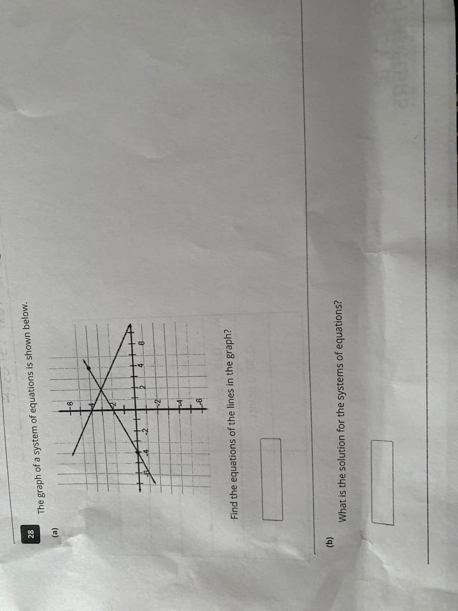 28
The graph of a system of equations is shown below.
(е)
+4
Find the equations of the lines in the graph?
(b)
What is the solution for the systems of equations?
