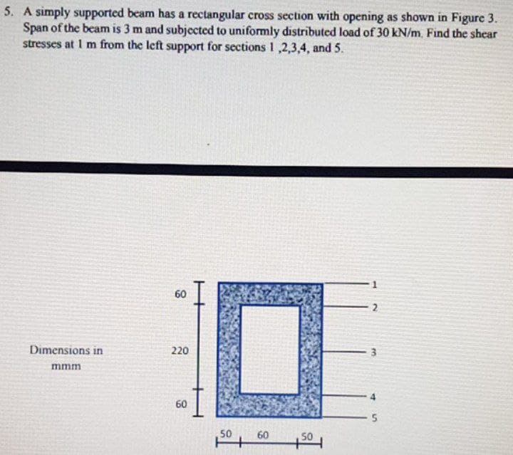 5. A simply supported beam has a rectangular cross section with opening as shown in Figure 3.
Span of the beam is 3 m and subjected to uniformly distributed load of 30 kN/m. Find the shear
stresses at 1 m from the left support for sections 1 ,2,3,4, and 5.
60
Dimensions in
220
mmm
60
50
60
50
