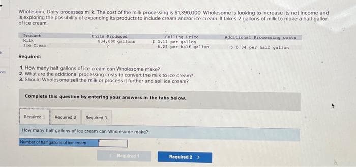 k
ces
Wholesome Dairy processes milk. The cost of the milk processing is $1,390,000. Wholesome is looking to increase its net income and
is exploring the possibility of expanding its products to include cream and/or ice cream. It takes 2 gallons of milk to make a half gallon
of ice cream.
Product
Milk
Ice Cream
Required 1
Units Produced
834,000 gallons
Required:
1. How many half gallons of ice cream can Wholesome make?
2. What are the additional processing costs to convert the milk to ice cream?
3. Should Wholesome sell the milk or process it further and sell ice cream?
Complete this question by entering your answers in the tabs below.
uired
Required 3
How many half gallons of ice cream can Wholesome make?
Number of half gallons of ice cream
Selling Price
$ 3.11 per gallon
6.25 per half gallon
< Required 1
Required 2 >
Additional Processing costs
$ 0.34 per half gallon