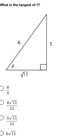 What is the tangent of 0?
11
O 5/11
11
O 5V11
