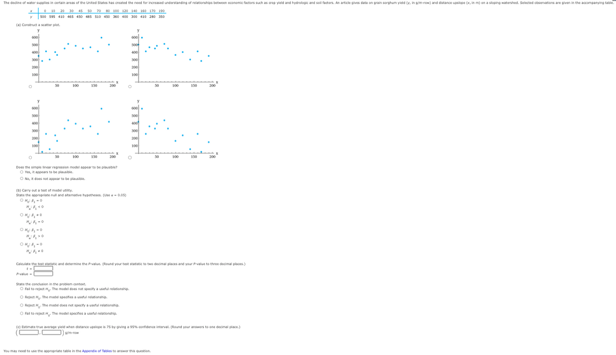 The decline of water supplies in certain areas of the United States has created the need for increased understanding of relationships between economic factors such as crop yield and hydrologic and soil factors. An article gives data on grain sorghum yield (y, in g/m-row) and distance upslope (x, in m) on a sloping watershed. Selected observations are given in the accompanying table.
x 0 10
0 10 20
20 30 45 50 70 80 100 120 140 160 170 190
y 500 595 410 455 450 485 510 450 360 400 300 410 280 350
(a) Construct a scatter plot.
y
600
500
400
300.
200
100
y
600
500
400
300
200
100
OH₂:₂0
.
ⒸH₂: P₂ =O
50
OH : P₂ =O
50
100
100
150
150
Does the simple linear regression model appear to be plausible?
O Yes, it appears to be plausible.
O No, it does not appear to be plausible.
x
200
(b) Carry out a test of model utility.
State the appropriate null and alternative hypotheses. (Use a = 0.05)
ⒸH₂₂-0
200
y
600
500
400
300
State the conclusion in the problem context.
O Fail to reject Ho. The model does not specify a useful relationship
O Reject H. The model specifies a useful relationship.
O Reject H. The model does not specify a useful relationship.
O Fail to reject H. The model specifies a useful relationship.
200
100
600.
500
400
300
200
100
O
50
50
You may need to use the appropriate table in the Appendix of Tables to answer this question.
100
100
150
150
X
200
X
Calculate the test statistic and determine the P-value. (Round your test statistic to two decimal places and your P-value to three decimal places.)
t=
P-value=
200
(c) Estimate true average yield when distance upslope is 75 by giving a 95% confidence interval. (Round your answers to one decimal place.)
g/m-row