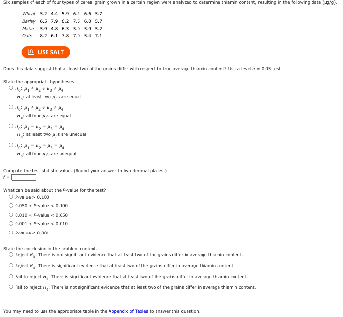 Six samples of each of four types of cereal grain grown in a certain region were analyzed to determine thiamin content, resulting in the following data (µg/g).
Wheat 5.2 4.4 5.9 6.2 6.6 5.7
Barley 6.5 7.9 6.2 7.5 6.0 5.7
Maize 5.9 4.8 6.3 5.0 5.9 5.2
Oats 8.2 6.1 7.8 7.0 5.4 7.1
USE SALT
Does this data suggest that at least two of the grains differ with respect to true average thiamin content? Use a level a = 0.05 test.
State the appropriate hypotheses.
O H₂i M₂ # H₂ H3 #HA
H₁: at least
two μ's are equal
O Ho: M₂ # H₂ H3 * HA
H: all four μ's are equal
· H₂² M₂ = M₂ = H3 = M4
H: at least two μ's are unequal
Ho: M₂H₂ H3= H4
H₂: all four 's are unequal
Compute the test statistic value. (Round your answer to two decimal places.)
f=
What can be said about the P-value for the test?
OP-value > 0.100
O 0.050 < P-value < 0.100
O 0.010 < P-value < 0.050
0.001 < P-value < 0.010
O P-value < 0.001
State the conclusion in the problem context.
O Reject Ho. There is not significant evidence that at least two of the grains differ in average thiamin content.
O Reject H. There is significant evidence that at least two of the grains differ in average thiamin content.
O Fail to reject Ho. There is significant evidence that at least two of the grains differ in average thiamin content.
O Fail to reject H. There is not significant evidence that at least two of the grains differ in average thiamin content.
You may need to use the appropriate table in the Appendix of Tables to answer this question.