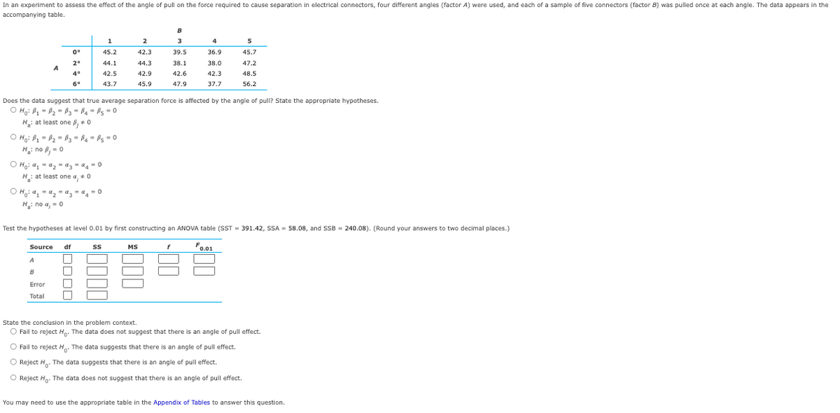 In an experiment to assess the effect of the angle of pull on the force required to cause separation in electrical connectors, four different angles (factor A) were used, and each of a sample of five connectors (factor B) was pulled once at each angle. The data appears in the
accompanying table.
A
Ho: P₁ P₂ =B3 = P4 = P5=0
H₂: no P₂ = 0
0⁰
2⁰
4°
6⁰
ⒸH₂² ₁₂3 = 44 = 0
H.: at least one a, *#0
ⒸH₂₁:α₁ = α₂=a₂ = 44 = 0
3
H₂: no a, = 0
Source df
A
B
Error
Total
1
45.2
44.1
42.5
43.7
Does the data suggest that true average separation force is affected by the angle of pull? State the appropriate hypotheses.
○ Ho: P₁ = B₂ =B3 = P4=P5 = 0
H₂: at least one P, +0
■
SS
2
42.3
44.3
42.9
45.9
Test the hypotheses at level 0.01 by first constructing an ANOVA table (SST = 391.42, SSA= 58.08, and SSB= 240.08). (Round your answers to two decimal places.)
F0.01
B
3
39.5
MS
38.1
42.6
47.9
4
36.9
38.0
42.3
37.7
5
45.7
47.2
48.5
56.2
1-100
State the conclusion in the problem context.
O Fail to reject Ho. The data does not suggest that there is an angle of pull effect.
O Fail to reject H. The data suggests that there is an angle of pull effect.
O Reject H. The data suggests that there is an angle of pull effect.
O Reject Ho. The data does not suggest that there is an angle of pull effect.
You may need to use the appropriate table in the Appendix of Tables to answer this question.